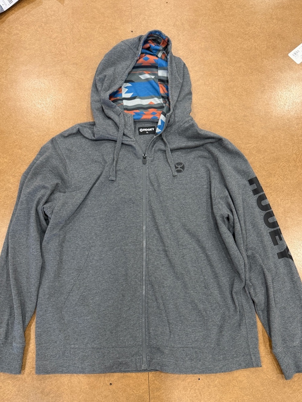 Hooey Charcoal Full-zip Hoodie with Aztec Hood Lining, Men’s XL